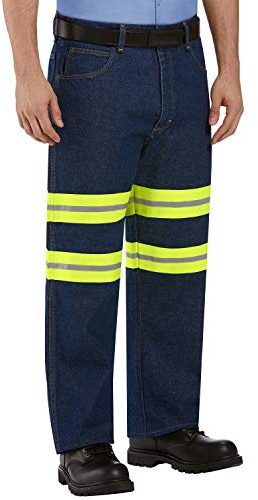 Red Kap mens Enhanced Visibility relaxed-fit Jean work utility pants, Prewash With Yellow/Green Visibility Trim, 34W x 30L US