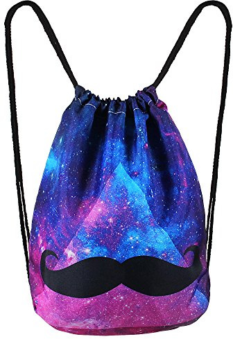 Hanessa Jutebeutel mit - Galaxy Mustache - Art Kunst Motiv Aufdruck Sportbeutel Tüte Rucksack Beutel Tasche Gym Bag Gymsack Hipster Fashion Sport-Tasche Einkaufs-Tasche