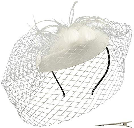Umeepar Damen Pillbox Fascinator Hut Hochzeit Tea Party Hüte mit Federn Schleier Stirnband Clip (Weiß)