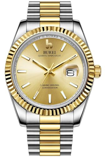 BUREI Luxus Herrenuhr Analog Quarzuhr Datumsanzeige mit Saphirglas Leuchtend und Edelstahlarmband