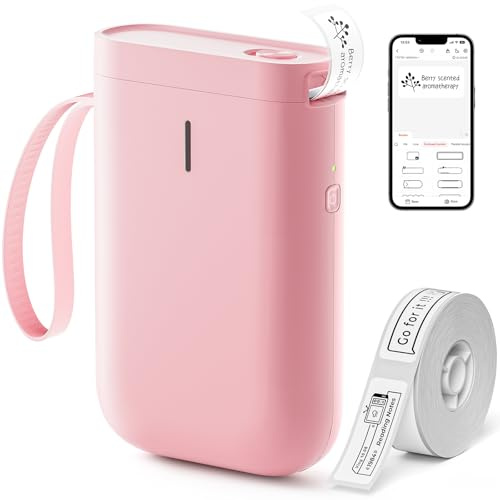 NIIMBOT D11 etikettmaskin termisk klistermärkesskrivare med 1 rulle vitt startetikettpapper, trådlös Bluetooth-etikettskrivare för iOS och Android,lätt att använda för hem, kontor organisation (rosa)