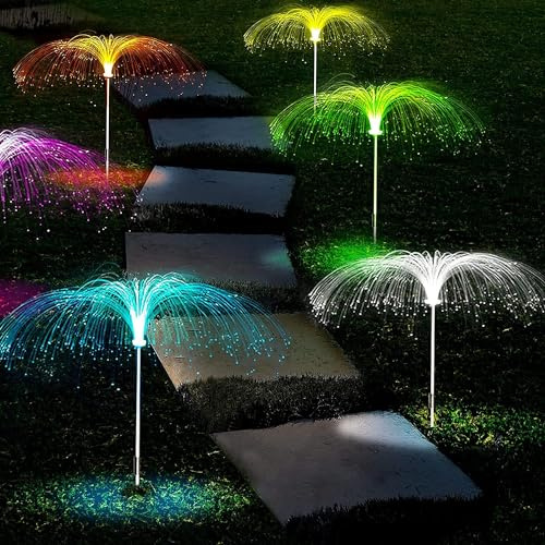 LiyuanQ Solar Garden Lights, 5 Pack LED Jellyfish Shape Fiber Outdoor Pathway Waterproof Multi-Color LED Solar String Lights Decoration for Yard Patio Garden Gazebo Party Wedding Birthday