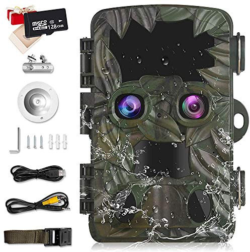 Wildkamera Doppelobjektiv mit Starlight Nachtsicht 4K 20MP 1080P Jagdkamera mit 0,2s Bewegungsmelder 120° Weitwinkel 2.4 LCD Display IP66 Wasserdicht Überwachungskamera mit Micro-SD-Karte,128G