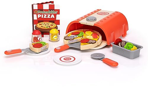 Fat Brain Toys Pretendables Pizza-Ofen-Set - Spielküche mit Ofen, Schale, Pizzaschnitten, Belag und anderem Kinder-Küchen- Lebensmittel-Lernspielzeug - Kinderspielzeug für 3-Jährige