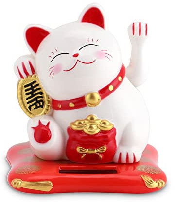 Cyrank Solarbetriebene Kawaii Winkende Katze, Glückskatze Winkekatze Chinesische Glückskatze Lucky Cat, Asiatische Deko Winkekatze Solar Für Home Display Car Decor(Weiß)