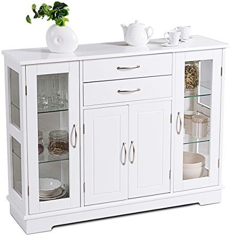 RELAX4LIFE Credenza con Vetrina Decorativa a 2 Ante, 2 Cassetti e 1 Armadietto a 2 Livelli con Porte Richiudibili, Comò in Legno Robusto con Ripiani Regolabili per Sala da Pranzo (bianco)