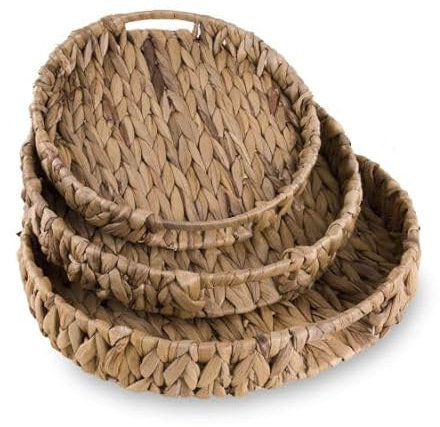 Eden & Willow E&W Round Water Hyacinth, Decorative Natural Hand-Woven Seagrass Serving Tray with Handles (Set of 3)