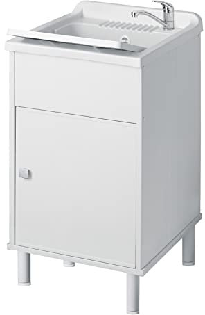 Negrari 9056KAM Lavatoio Lavapanni in Resina, all'umidità, Vasca Resistente agli acidi, Kit di Scarico Incluso, Interno e Esterno, L45 x P50 x H85 cm, Bianco, Media