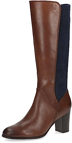 CAPRICE Damen Hohe Stiefel mit Absatz Memotion aus Leder bis zum Knie Weite G, Braun (Cognac/Ocean), 38.5 EU