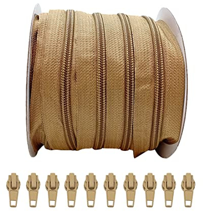 Cerniera Continua in Nylon 25 m Beige 3465 – Rotolo con 10 Cursori Automatici in Metallo #5, Cerniera al Metro per Cucito e Abbigliamento