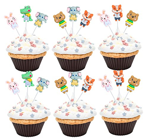 Gyufise 25Pcs Jungle Safari Animal Cupcake Toppers Rabbit Fox Elephant Bear Cupcake Pick Decorations for Jungle Theme Baby Shower Kids Birthday Party Cake Decorations Supplies