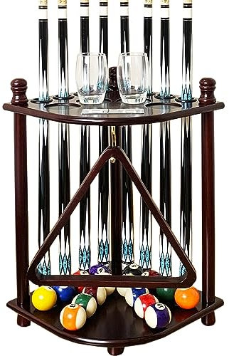GACCO BILLIARDS Bodenstehender Pool-Queue-Ständer für 8 Queuestäbchen und Pooltisch-Zubehör, Holz-Pool-Stick-Halter, Eck-Pool-Queue-Halter mit Kugel-Haken und Punktezählern (Mahagoni)