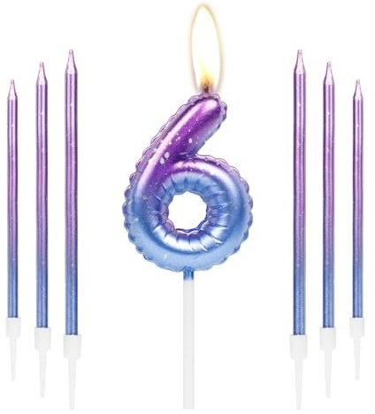 mciskin Bunte Geburtstagskerzen Set Zahl 6 mit 6 langen Kerzen Lila Blau Tortendeko zum 6. Geburtstag
