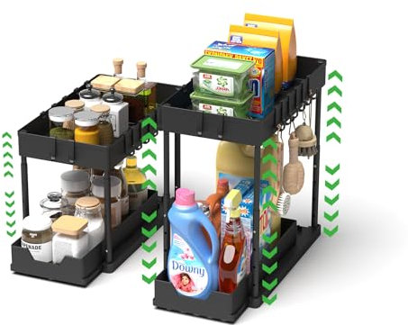 Meltrck 2 Pezzi Organizer Sottolavello Cucina 2 Livelli, Scaffale Estraibile per Lavello, Portaoggetti Sottolavello con 16 Ganci,4 Altezze (32cm-46cm),Nero