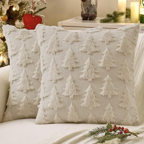 MIULEE 2er Set Kissenbezug Weihnachten 45x45, Kurz Wolle und Samt Weihnachts Kissenbezüge Deko Kissen Weihnachten Luxuriöses Winter Zierkissenbezug für Sofa Schlafzimmer Wohnzimmer, Beige