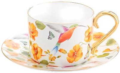 Keramik-Kaffeetasse, Teetasse, Keramik Kaffeetasse mit Goldrand, Teetassen mit Untertassen, Bedruckte Bone Porzellan Kaffeetasse 250 ml / 8 Oz(Orange)