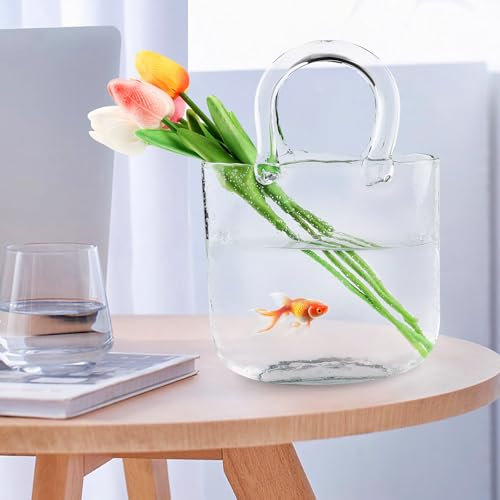 Decorative Handbag Glass Purse & Fish Tank with Bubbles, Creative Living Room Vase for Flowers Fruits Potted Plants Small Fish Sweets