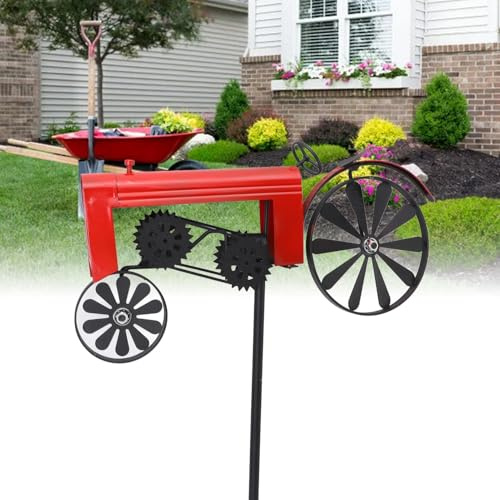 Ymiko Vintage Metal Tractor Wind Spinner Vibrant Farm Decoration Iron Wheels 26.8in Stake Garden (Red)