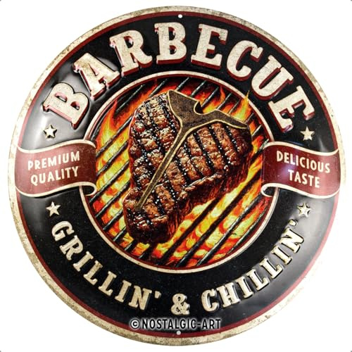 Nostalgic-Art Retro Blechschild, Ø 35 cm, Barbecue – Grillin' & Chillin' – Geschenk-Idee für Grill-Fans, aus Metall, Vintage Design mit Spruch, Blechschilder Sprüche | aus Metall, Vintage Design, Blechschilder Sprüche, Geschenk-Idee für Grill-Fans