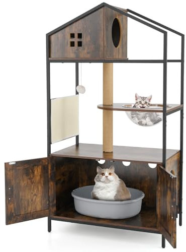 COSTWAY Árbol para Gatos con Cajón de Arena, Casa para Gatos con Poste Rascador, Cápsula Espacial, Bola Colgante, Ventilaciones, Condominio Multinivel para Gatos Interior Marrón Rústico