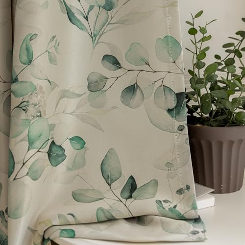 SUOUO Verdunkelungsvorhänge, Aquarell-Eukalyptus, 2 Paneele, 244 cm, Grün | Gemusterte botanische Blätter, Bauernhaus, wärmeisoliert, Fenstervorhänge mit Ösen für Schlafzimmer, Wohnzimmer