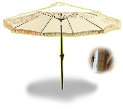 ZIUSFAC 270cm Parasol À Frange avec Manivelle Parasol De Jardin Double Toit Parasol De Plage Robuste Parapluie Parasol De Table De Marché avec Franges Beige(270cm/8.9ft)
