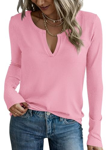 PRETTYGARDEN Long Sleeve Shirts for Women 2026 Fall V Neck Waffle Basic Tee Dressy Casual Winter Blouses Knit Tunic Tops (Pink,Small)