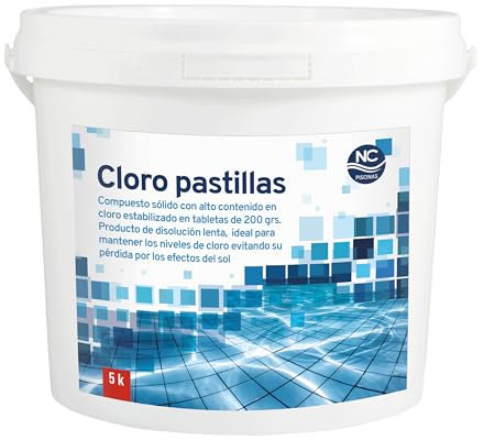 NC - Cloro en Pastillas o Tabletas de 200g. Disolución Lenta. Mantenimiento del Agua para Todo Tipo Piscinas. 5Kg.