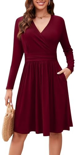 Actcat V-Ausschnitt Pullover Kleid Langarm Casual Kleider Herbst Kleid Floral Party mit Taschen herbstkleid Damen Winterkleider Festliche Kleider für Damen Weihnachtskleid Wine Red,M