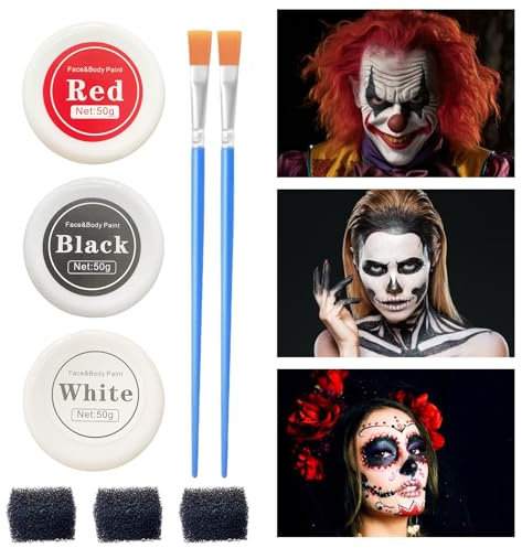 AMSNINK Set di trucchi per Halloween per adulti e bambini, colore del viso in nero, rosso e bianco, con 2 pennelli e 3 spugne, trucco teatrale per pittura viso e corpo a Carnevale