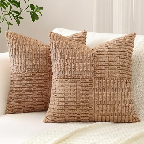 Sungeek 2er Set Cord Kissenbezüge, Kreuz Streifen Muster Kordsamt Kissenbezug Sofakissen Dekokissen Patchwork Design Boho Zierkissenbezüge Deko Kissenhülle für Wohnzimmer (45x45cm, Braun)