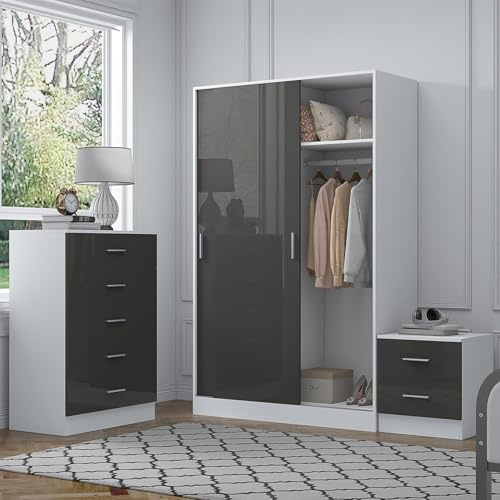 Reflect 2 Door Sliding Wardrobe, 5 Drawer Tallboy Chest, 2 Drawer Bedside Table | Grey Gloss & Matt White Finish | Modern Bedroom Furniture Set
