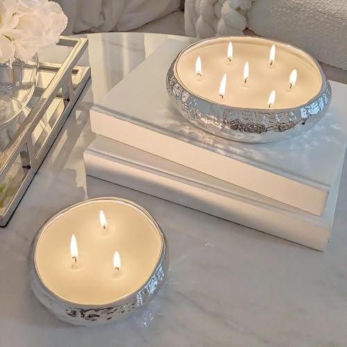 Aeolian Vanilla Scented Candle Set of 2 in Hammered Champagne Bowl - Luxurious Soy Wax Table Centrepiece, Perfect Home Decoration Gift - Luxury Interiors by Rowen Homes (Silver)