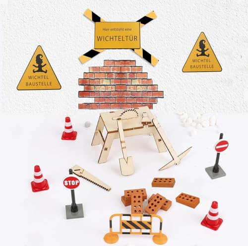 Wichtel Zubehör Baustelle, 21 Pcs Miniatur Wichtelzubehör Set für Wichteltür Baustelle Weihnachten Deko, Wichtel Baustelle Einzug Set mit Absperrungsset,Pylonen, Werkzeug-Set