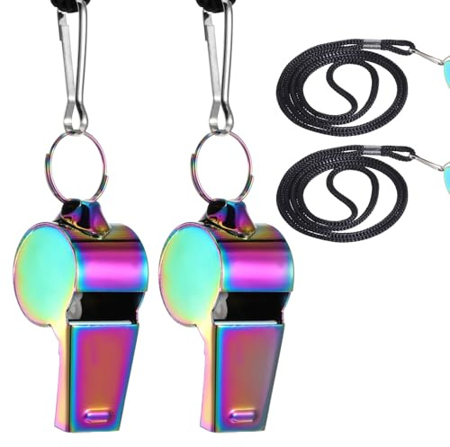 Lot de 2 sifflets multicolores en acier inoxydable - Sifflet d'arbitre coloré - Avec cordon tour de cou - Sifflet d'arbitre en métal - Pour cours de sport - Personnalisable