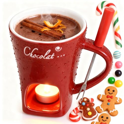 Chocolate Melting Fondue Mugs for Chocolate, Cheese, Candy, Ceramic Melting Cup with Candle for Date Night Birthday Wedding Gifts (red)