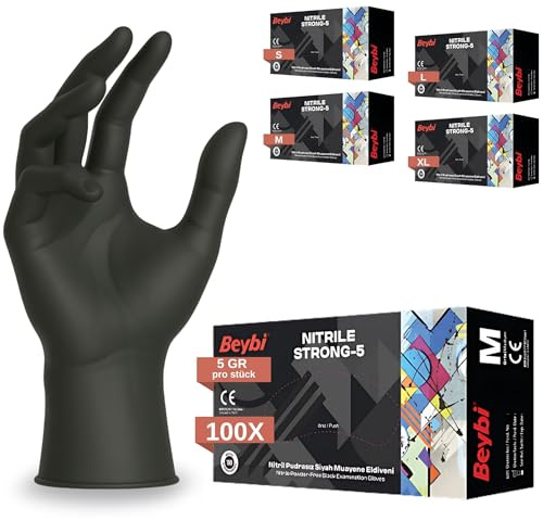 BEYBİ®️ Strong-5, Einweghandschuhe 100 St./Box,%200 Dicker, Blau Nitrilhandschuhe L, puderfreie & latexfreie Einmalhandschuhe, Handschuhe (Schwarz, M)