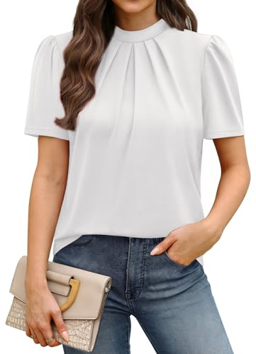 Womens Tops Short Sleeve Shirts Mock Neck Pleated Blouses for Women Dressy Casual Work Business Casual Outfits Spring Summer Tops Trendy Plus Size Fashion Clothing 2026 White L