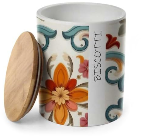 MA MAISON Barattolo Biscottiera Romantic - in Ceramica, con Scritta Biscotti, Motivo Floreale, Elegante, Tappo in Legno, Chiusura Ermetica, Conservazione, Colazione - 13 x 17 cm (Romantic Tonda)
