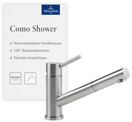 Villeroy & Boch Como Shower Hochdruck-Küchenarmatur mit ausziehbarer Handbrause und 120° Schwenkbereich, 120 mm Auslaufhöhe, komfortabler Bedienhebel, Edelstahl massiv