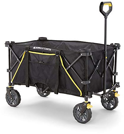 Gorilla Carts 7 cu ft 185L Capacity Foldable Festival Wagon Collapsible Durable All Terrain Utility Pull Camping Wagon with Oversized Bed and Built-in Cup Holders, Garden Trolley Black Load up to 70kg