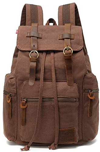Canvas Backpack Unisex Vintage Casual Rucksack 17 inch Laptop Daypacks Schoolbag College Student Bookbag Hiking Camping Travel Bag Coffee