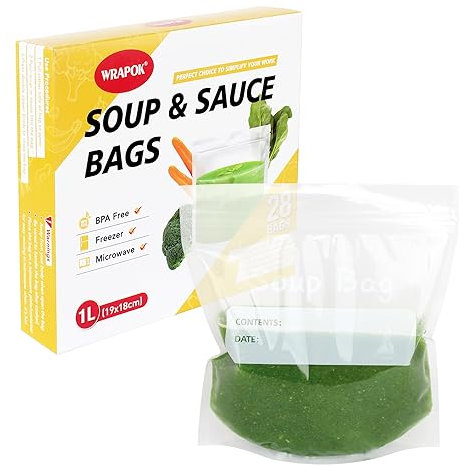 WRAPOK Bolsas reutilizables para congelador, bolsas de almacenamiento de líquidos, contenedor de salsa con cierre hermético transparente, 1 litro, paquete de 28