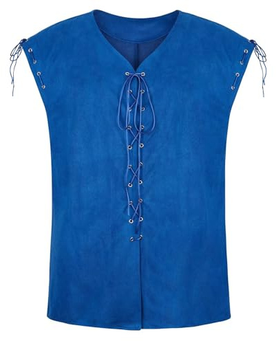 Renaissance Mens Costume Suede Leather Reversible Vest Medieval Pirate Gothic Waistcoat Lace-Up Victorian Halloween Blue 2XL