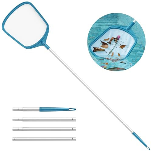 Mowend 145.5cm Pool kescher Oberflächenkescher, Kescher Pool feinmaschig mit Stail 1,15 m Langer Aluminiumstange, Oberflächenkescher mit 4 Stangen für Pool, Algen und Teich