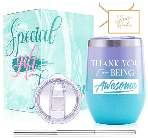 HIYAA Mothers Day, Birthday & Christmas Gifts for Women - 12oz Vacuum Insulated Wine Glass with Lid & Straw