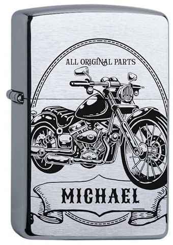 Zippo Benzinfeuerzeug mit Gravur Motorrad personalisiert mit Name für Motorradfahrer Biker Chopper Sturmfeuerzeug Chrome Brushed Geschenk (Motiv 1: Bike)