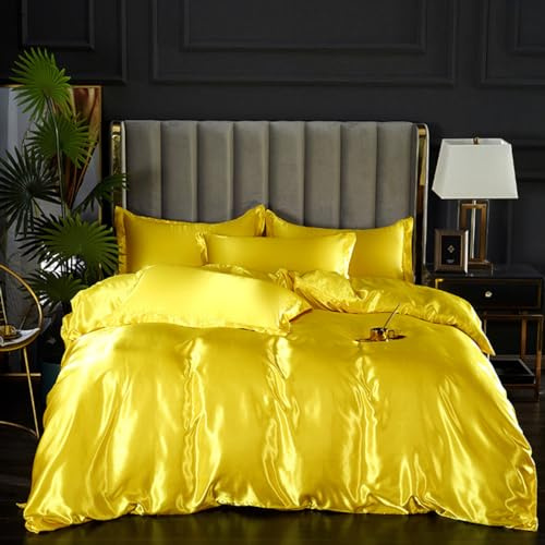ENEN Satin Soie Parure de Lit 3/4 Pièces Adulte, Couleur Unie Housse de Couette avec 1/2 Taies d'oreiller + Drap Housse, Microfibre Ensembles Literie (220x240+180cm,Jaune)