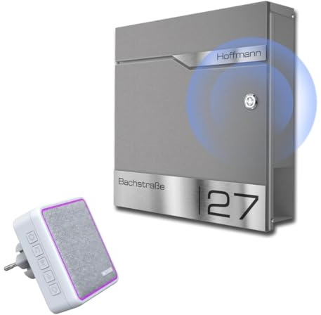 Metzler individueller Briefkasten mit Funkklingel und Steckdosen-Funk-Empfänger inklusive Gravur in RAL 9007 Graualuminium, mit Zeitungsfach personalisiert mit Edelstahl V2A Namensschild | Siebert