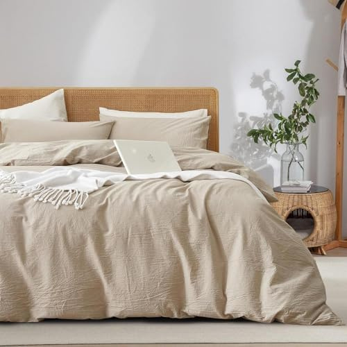 Freyamy Bettwäsche 135x200 Beige Unifarben Uni Bettwäsche-Sets Wende Gewaschene Microfaser ÖKO-TEX Deckenbezug 1 Bettbezug mit Reißverschluss und 1 Kissenbezug 80x80cm